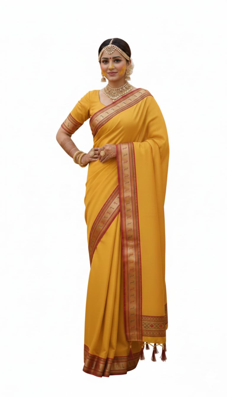 SHREE SHAKTI WOMEN’S Trending Georgette Silk Vibrant Mustard Yellow Saree with Hook-Print Border for haldi Function saree with Unstitched Blouse Piece Light weight Soft saree (SKT-GTA-RJ-HALDI)