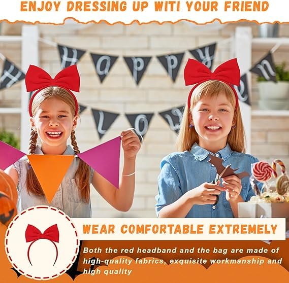 Red Bow Headband and Orange Bag Set Women Costume Accessories Halloween Witch Cosplay, Orange Bag With Crimson Hairpin - Image 4