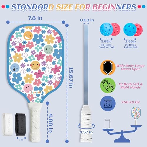 JOY SPOT! Pickleballschläger Set (2er) | Leichtgewichtige Fiberglas-Schläger | Inkl. 4 Bälle (Indoor/Outdoor), Griffbänder & Tasche | Rauten-Design | Geschenk für Frauen, Männer, Anfänger