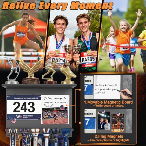 Image of Running Medal Hanger Display with Trophy Shelf, Race Bib Holder and Whiteboard, 2-Bar Medal Holder for 50+ Medals with Flag Magnets, Marker, Wall Mounted, Grey