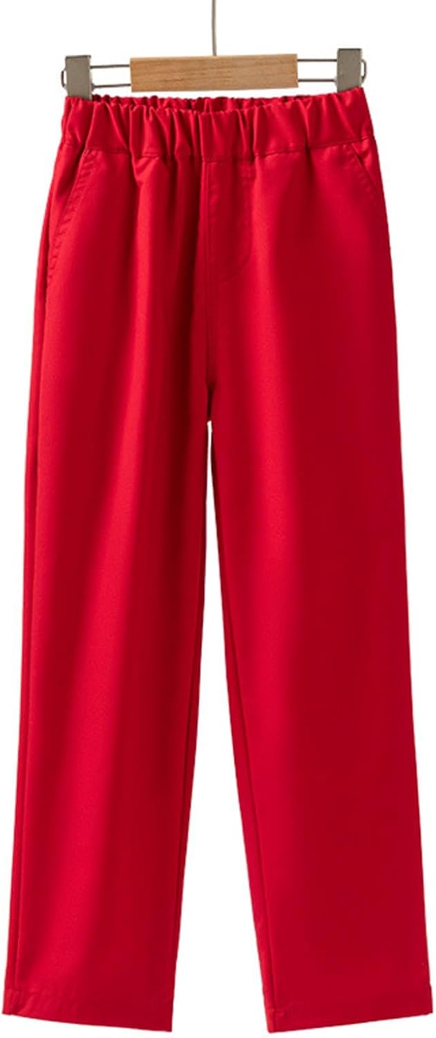 Boys Flat Front Dress Pants Straight Leg Pants Elastic Waist School Uniform Trousers Teen Regular Fit Trousers Preppy Bottoms