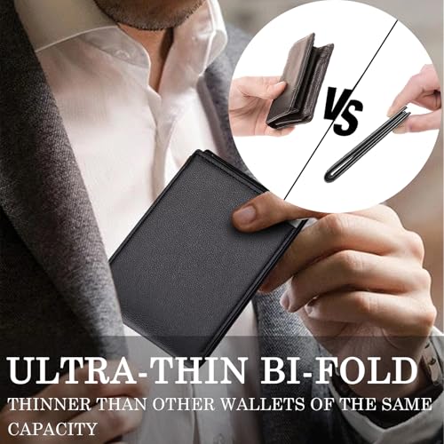 Men's Slim Leather Wallet with Extra Capacity Flip Compartments with Multiple Card Slots and Id Window（small black）2