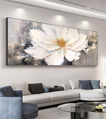 Hand-Painted White Flower Oil Painting for Bedroom,Large Floral Wall Art with Black Frame for Living...