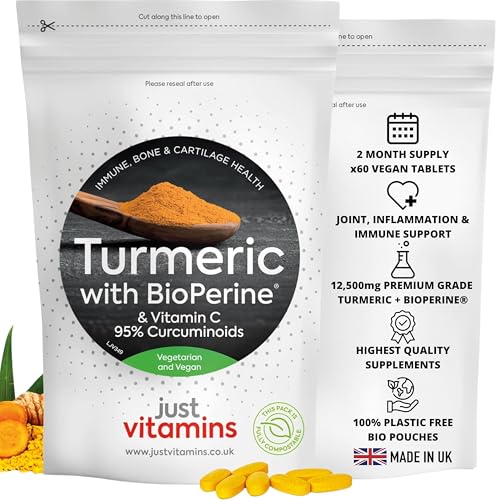 Turmeric Tablets | 12,500mg + Black Pepper BioPerine®, 475mg Curcuminoids & Vitamin C | 60 Vegan Tablets | Joint, Inflammation & Immune Support | UK Made - Just Vitamins