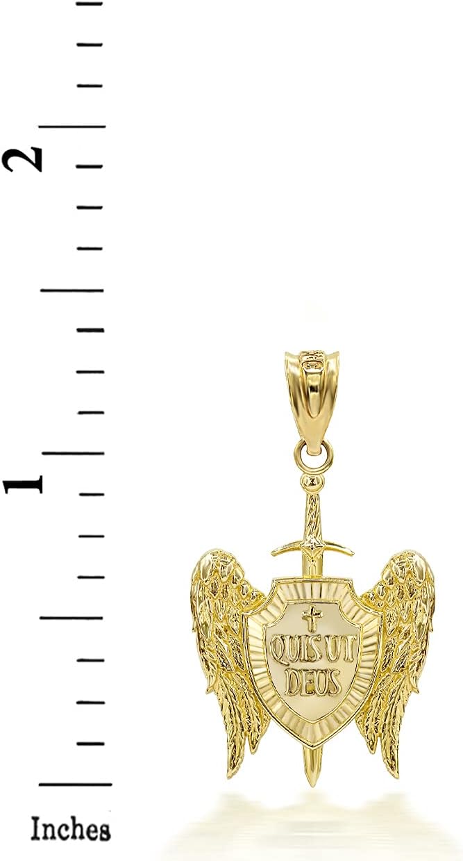 Certified 14k Yellow Gold Saint Michael Archangel Wings Cross Sword Shield "QUIS UT DEUS" Pendant