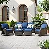 ovios 5-Pieces Patio Furniture Set, Outdoor Wicker Sofa Couch with Chairs Ottomans Comfy Cushions, All Weather High Back Modern Conversation Set, Brown Rattan, Navy Blue