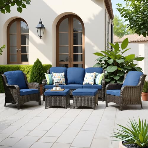 ovios 5-Pieces Patio Furniture Set, Outdoor Wicker Sofa Couch with Chairs Ottomans Comfy Cushions, All Weather High Back Modern Conversation Set, Brown Rattan, Navy Blue