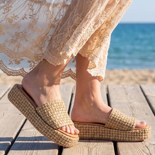 Image of Monrovia Platform Sandals Women Raffia Espadrille Slides, Woven Straw Flatform Beach Sandals Women, Slip On Summer Vacation Shoes, Comfortable Casual Daily Wear