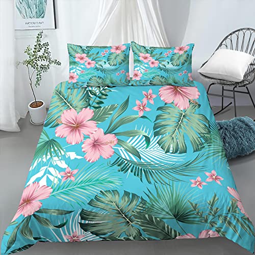 Meimall Housse De Couette King Size Tropical Plantes Fleurs Feuilles 220X240 Cm 3D Imprimé Literie Couette Housse De Couette avec Fermeture À Glissière 2 Taies d'oreiller Literie en Microfibre Cover