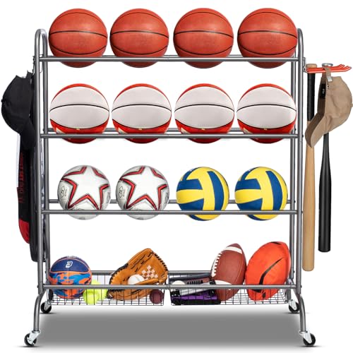 EXTCCT Basketball Rack with Wheels, 4 Tier Garage Ball Storage Organizer | Heavy duty rolling balls cart with two basket storage, ball holder, Sports equipment organized for outdoor, indoor, Grey