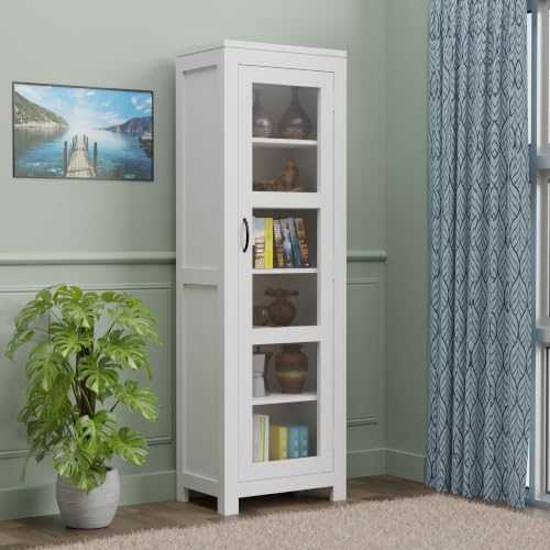 Image of Krishna Wood Decor Solid Sheesham Wood Deco White Corner Book Shelf, Showcase Acrylic Glass Door Crockery Unit Or Bookcase, Six Shelves Wooden Book Rack, Display Cabinet for Home & Library Areas