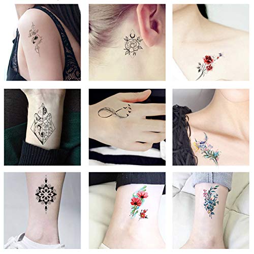 Tiny 64 Sheets Temporary Tattoos for Women Flowers Butterfly Wolf Lion Compass Lines Waterproof Body Art Decoration Tattoo Stickers. (colourful 2)