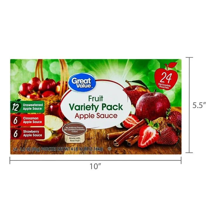 Great Value Applesauce Pouches Variety Pack, Apple, Cinnamon & Strawberry, 3.2 oz, 24 Count, Gluten-Free, 2-Pack