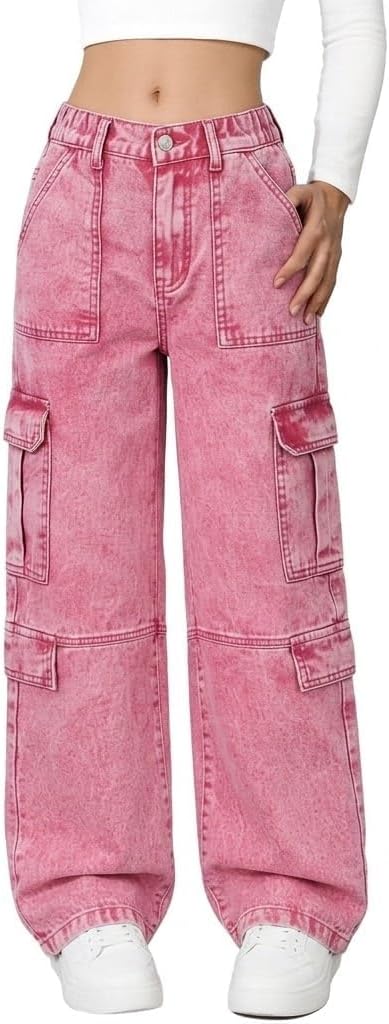 Girls Baggy Cargo Jeans, Y2K Straight Leg Denim Pants for 8-16, Elastic Waist Multi-Pocket Streetwear Trousers