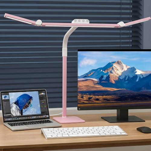 Image of LED Desk Lamp for Home Office with Base, 28.2 inch Adjustable Gooseneck Swing Arm Bright Desk Light, Dimmable Architect Table Lamp for Desktop Computer Light, Reading, Study, Workbench(Pink)