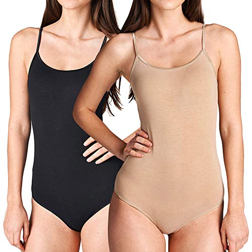 The Lovely Solid Cami Bodysuit w/Adjustable Spaghetti Straps (2PK: Black/Khaki, S)
