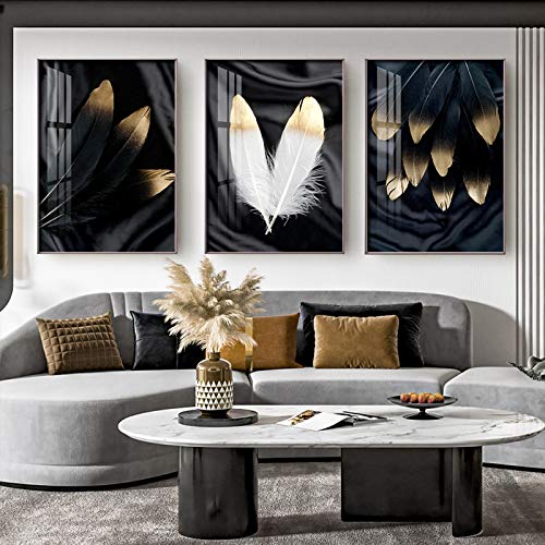 Affiche et impression plumes noires tableau salon moderne 3 pièces