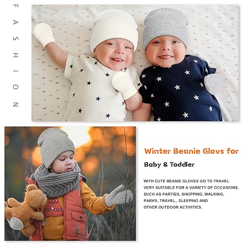 Image of Baby Beanie Hat Gloves Set, Kids Winter Warm Knit Hat with glvoes,Toddler Soft Beanie for Little Boys Little Girls Children