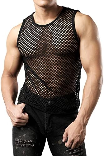 JOGAL Men's Mesh Tank Top See Through Fishnet Shirts