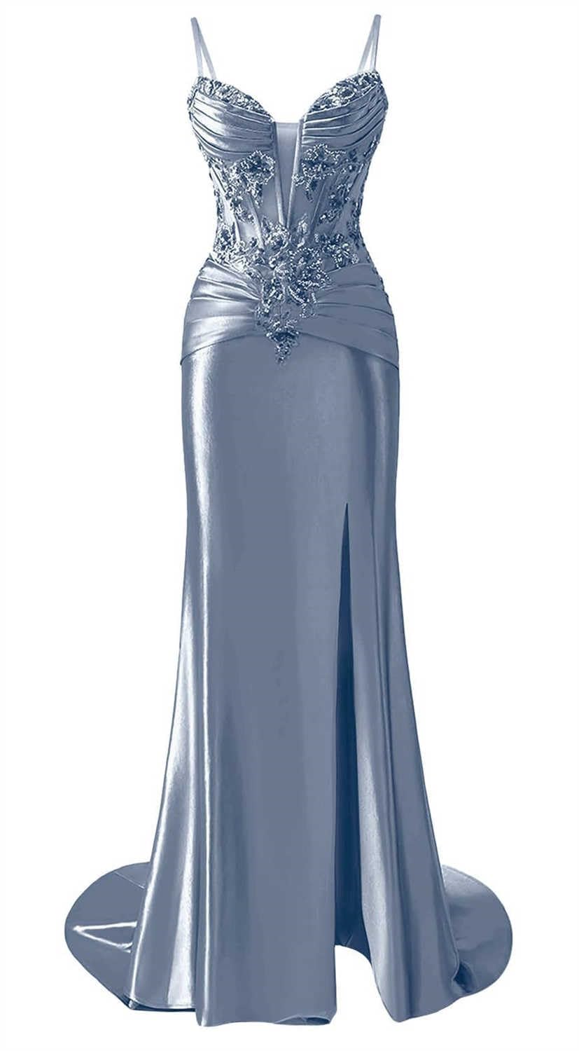KIYNE Satin Dusty Blue Prom Dresses for Teens with Slit Spaghetti Strap V Neck Ball Gown Corset Mermaid Graduation Party Dress UK8