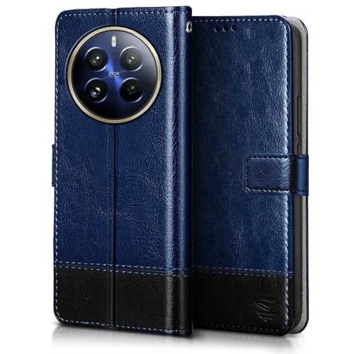 Image of Flipped Vegan Leather Flip Case Back Cover for Realme 12 Pro 5G | Realme 12 Pro Plus 5G (Flexible, Shock Proof | Hand Stitched Leather Finish | Card Pockets Wallet & Stand | Blue with Black)