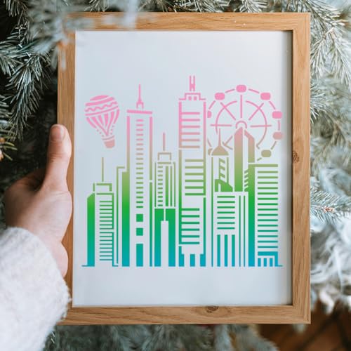 MAYJOYDIY Geometric City Painting Template Tall Building Stencil 30x30cm Reusable Hot Air Balloon Stencil Ferris Wheel PET Hollowing Template for Wall Home Decor DIY Art Craft - Image 3