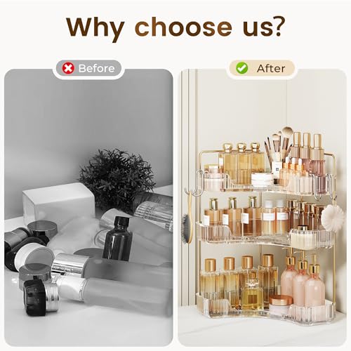 Image of Corner Bathroom Counter Organizer 3-Tier Bathroom Organizer Countertop with Hooks Perfume Organizers Storage Shelf for Makeup & Skincare Dresser-Clear