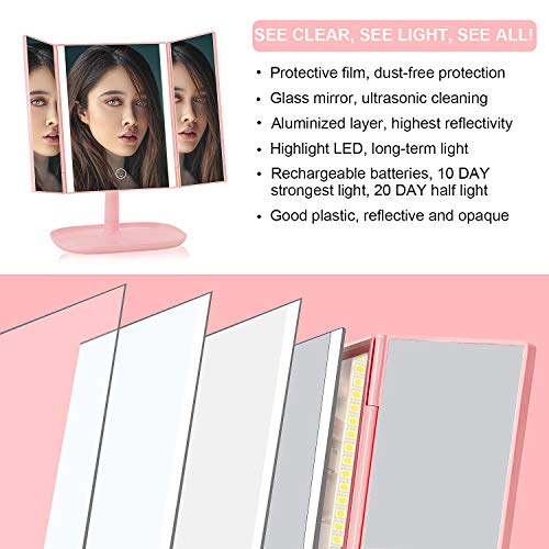 Oplaadbaar Make-up spiegel met verlichting, Tri-Fold Vanity Mirror-3 Kleur Dimbaar Licht, 1X / 5X Vergroting, Touch… - Afbeelding 4