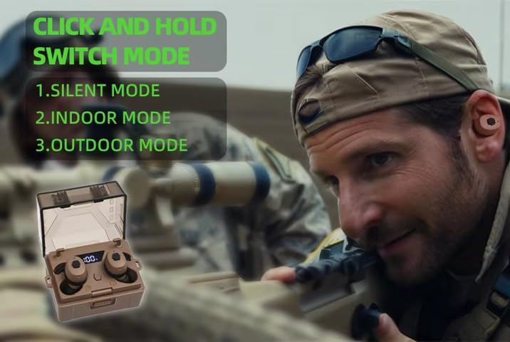 Diagram showing how to click and hold to switch between Silent, Indoor, and Outdoor modes on the Omana Arm Next Totems earplugs.