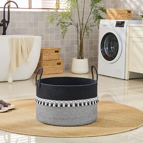 Image of KAKAMAY Cotton Rope Storage Basket (20 inchx13 inch),Woven Hamper for Blankets,Toys,Pillows,Clothes,Laundry,Sturdy Handles Decorative Basket for Living Room, Bedroom,Nursery(Black Printing)