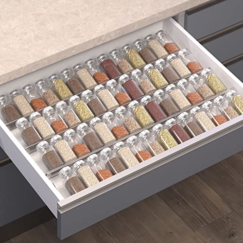 Jadehom Spice Drawer Organizer 6 Pcs Clear Acrylic In Drawer Seasoning Jars Rack Expandable From 8 to 16 Kitchen Cabinets/Countertop Drawer Spice Rack Tray (Fit Small Drawer