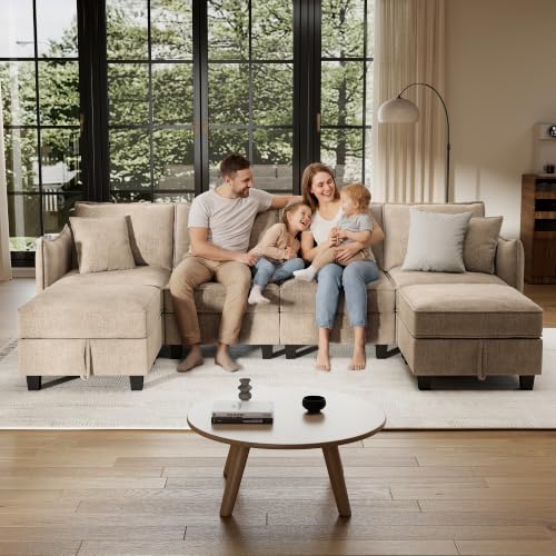 Image of Ihanherry 112 inch Modular Sectional U-Shaped Sofa, Modern 6-Seat Cloud Couch with 2 Storage Ottomans, Soft Chenille Fabric Sectional Set for Living Room Bedroom Apartment, Brown