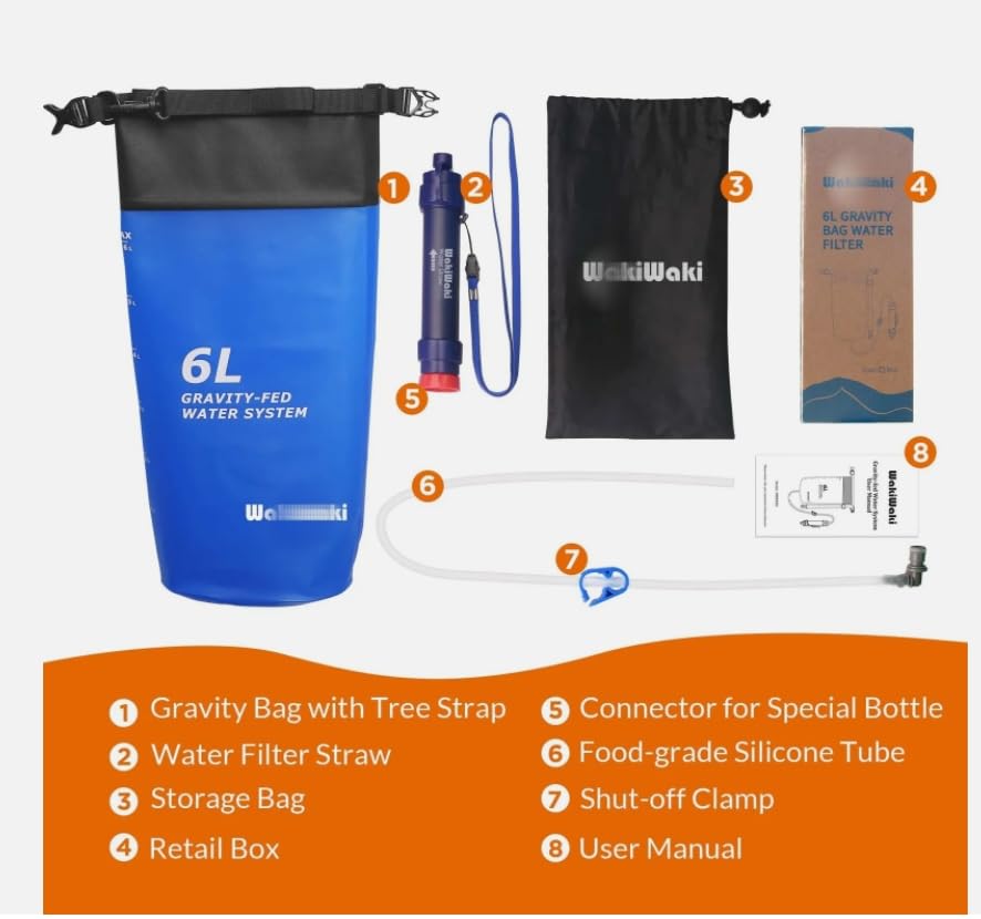 Gravity Water Filter Straw 6L,Survival Camping Water Filtration Purifier System