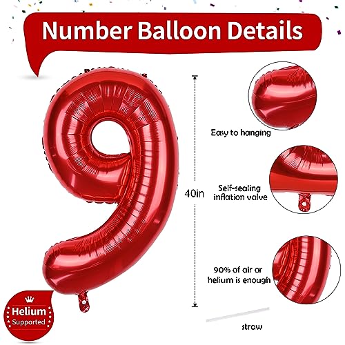 Image of 40 Inch Number 9 Balloons for Girls, Red Giant 9th Birthday Party Number Balloons 0-9 Set Decorations for Women Men Anniversary Celebration Graduation Party Decoration Supplies
