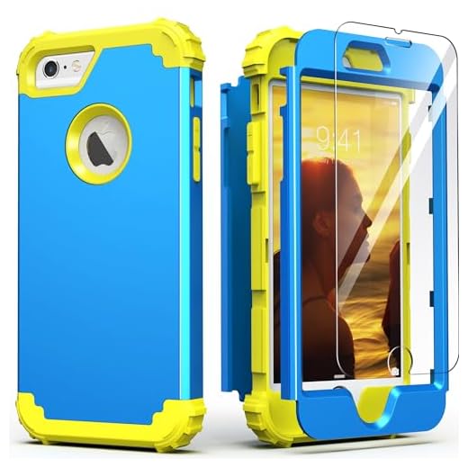 IDweel for iPhone 6S Case, for iPhone 6 Case with Screen Protector(Tempered Glass),3 in 1 Shock Absorption Heavy Duty Hard PC Covers Soft Silicone Full Body Protective Case for Girls,Sky Blue/Yellow