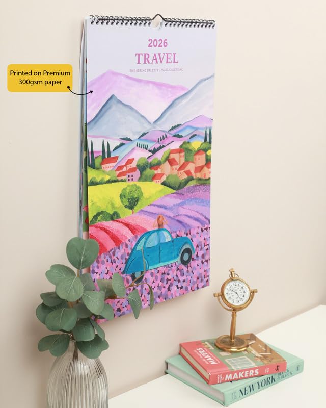 Travel Wall Calendar 2026 | The Spring Palette |350 GSM | Hand Illustrated | Contains Sticker Sheet | Gold Wiro | Notes, scheduling and planning