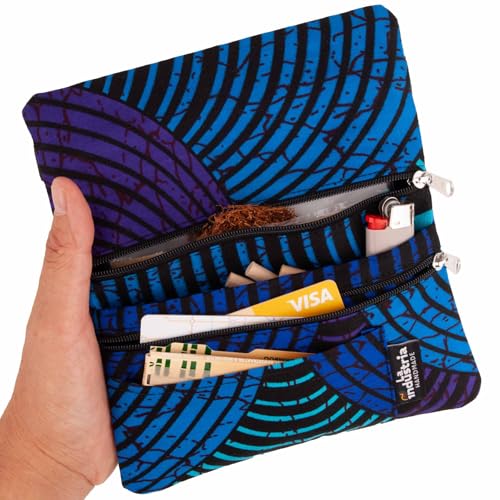 Funda Tabaquera para Tabaco de Liar Estampado Africano – Cartera Pitillera con Doble Cremallera - Estuche Bolso para Papel, Filtros, Mechero, Tarjetas y Dinero (Waves)