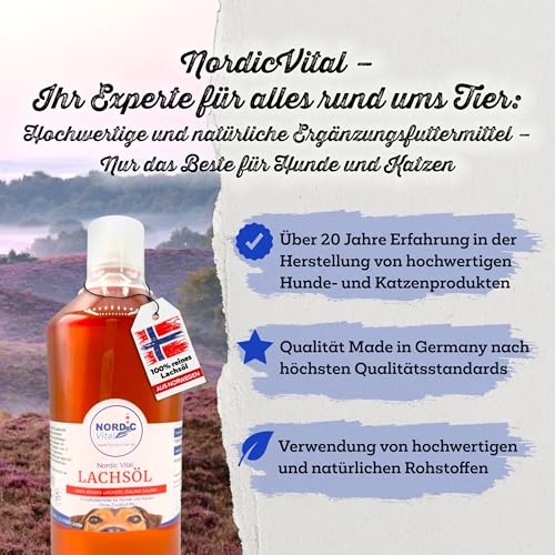 NordicVital Premium Lachsöl Hunde & Katzen 1000ml – 100% Natürliches Fischöl/Fish Oil aus Norwegen Lachs – Reich an Omega 3 & 6 Fettsäuren hochdosiert – Barf Öl abgefüllt in Deutschland