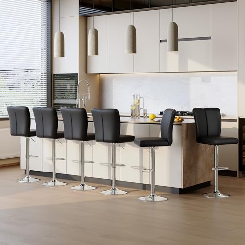 Image of Swivel Bar Stools Set of 6 - Black Barstools with Back,Adjustable Counter Height Bar Stools with Sturdy Metal Legs,Leather Counter Height Stools Ideal for Kitchen Island Pub(25''-33''H)