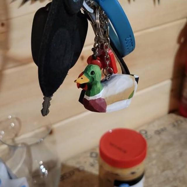 Selsela Mallard Duck Keychain Ring Hook Clip Charm Miniature Wood Mini Figurine Small Animal Drake Green Head