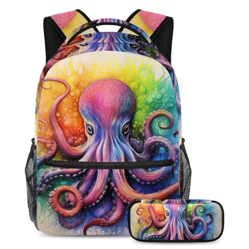 Ensemble de cartable sac à dos pieuvre coloré grand format fille garçon avec trousse