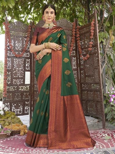 Image of Women's Soft Art Silk Kanjivaram Saree and Unstitched Blouse Piece with Floral Rich Pallu and Jacquard Jari Work On All Over | South Indian Saree
