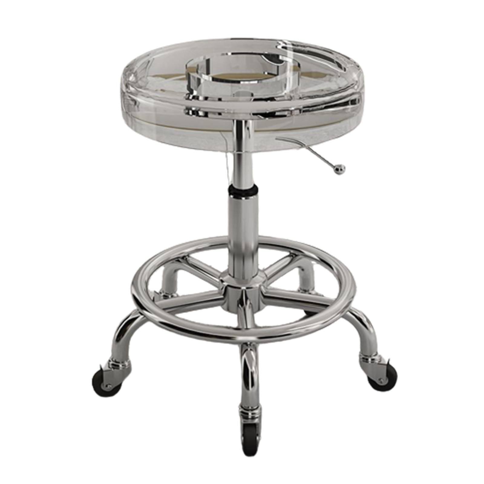 Taburete giratorio con ruedas sólidas, material acrílico, resistente, giratorio, para bar, laboratorio, oficina, barbería, cocina y tienda (transparente)