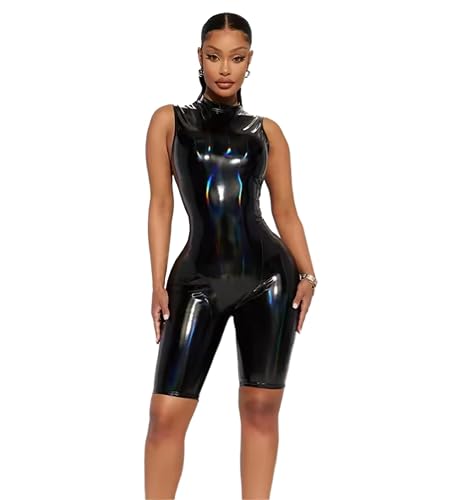TTANYYUINGOU Women Faux Latex Plus Size Jumpsuits Gothic Patent Leather Sleeveless Tank Playsuits - BLACK - 5XL