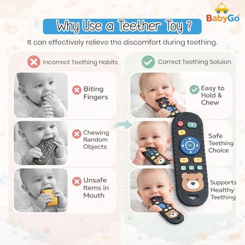Image of BabyGo Remote Teether for Babies| Helps Biting Skills Development, Colour & Shape Recognition| Baby Remote Teething Toy for 3+ Months (6-12 Months) Safe Teething Toy for Babies & Toddlers (Black)
