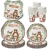JarThenaAMCS 100Pcs Woodland Animal Baby Shower Tableware Set Forest Creature Friend Paper Plates Napkins and Cups Disposable For 25 Guest Birthday Holiday Party Supplies