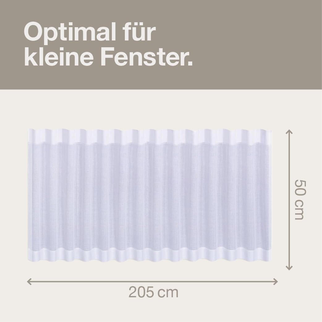 Happy Home 2er Set Scheibengardine Mina Weiß 205x50 cm – Moderne Bistrogardine mit Gardinenband – Halbtransparente Kurzgardine für Küche & Bad – Sichtschutz & Fenstergardine waschbar