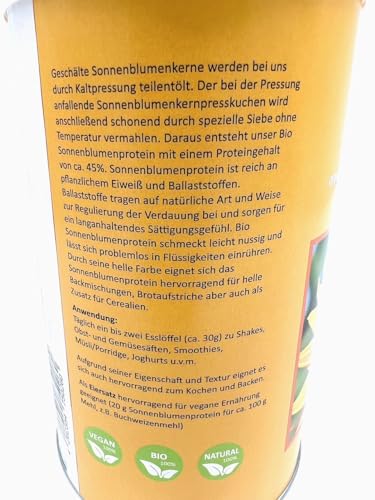 Bio-Sonnenblumen Proteinpulver 500 g Dose - 100% reines Sonnenblumenprotein aus Deutschland/Oberbayern- ohne Zusatzstoffe, vegane Proteinquelle