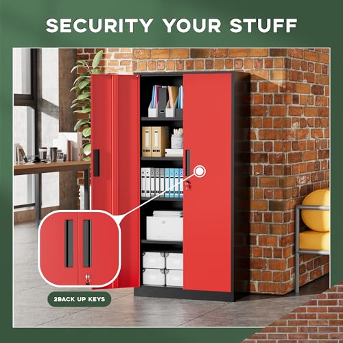 Image of Greenvelly Metal Storage Cabinet,72 inch Locking Metal Garage Storage Cabinet with Doors and 4 Adjustable Shelves, Lockable Steel Cabinet for Home Office, Garage, Shop, School (Red 32 inch W x 16 inch D)