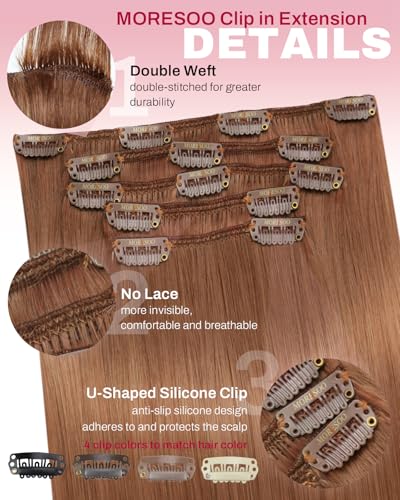 Image of Moresoo Copper Brown Hair Extensions Clip ins Short Hair Full Head Copper Clip in Extensions Real Human Hair Remy for Women Straight Can Be Curled 14 inch 80g /5pcs